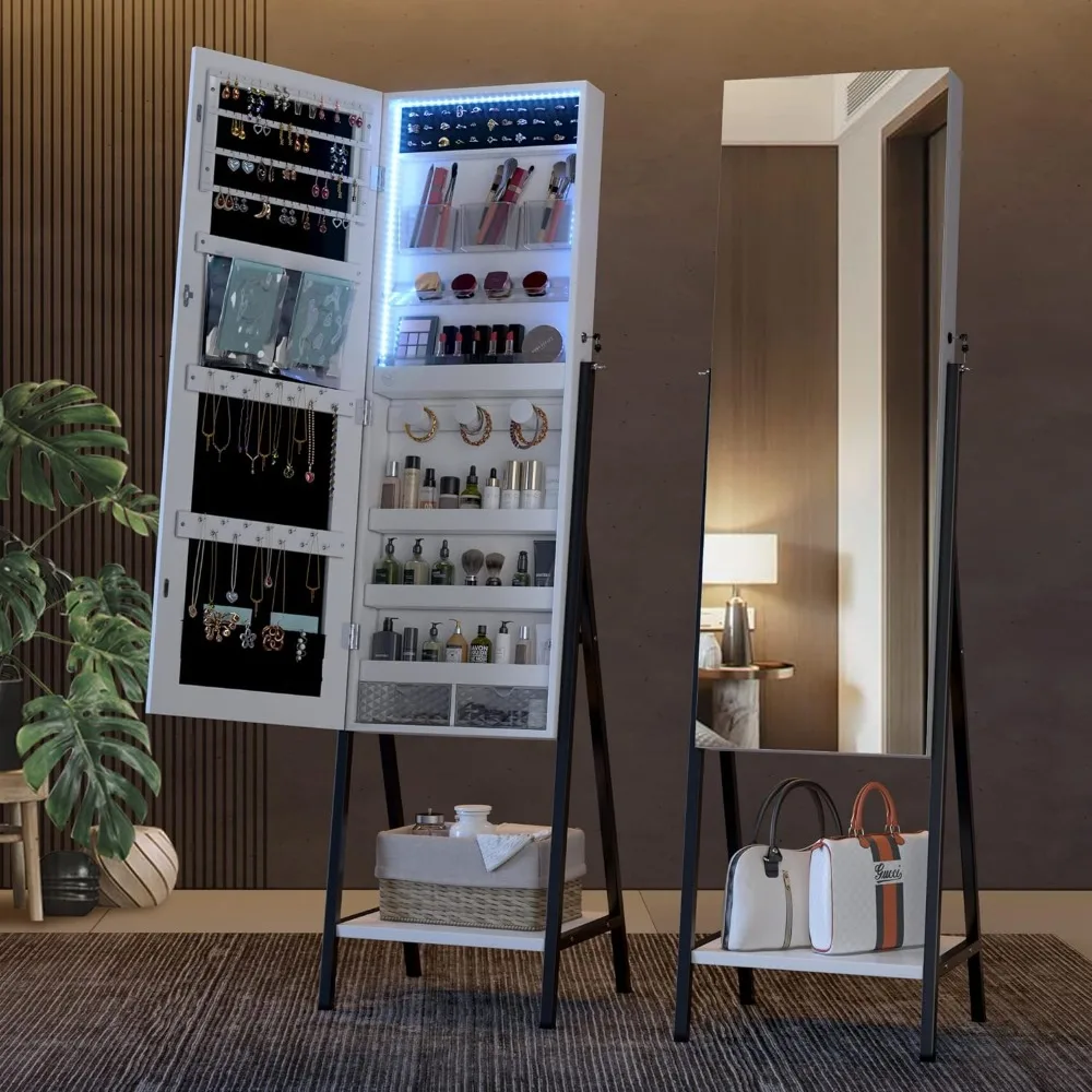 

Mirror Jewelry Cabinet Standing Jewelry Armoire With Mirror for Necklaces Rings Cosmetics White freight Free