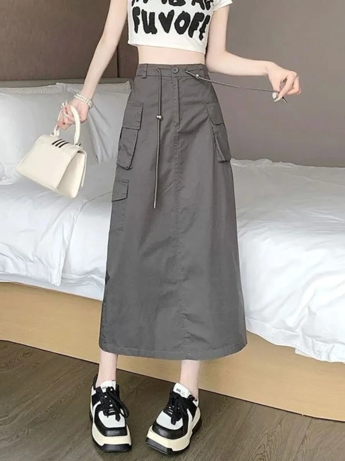 

High Waist A-Line Cargo Skirt with Dstring American Sle Workwear Split Mid-Length Women's Faion Spring Season