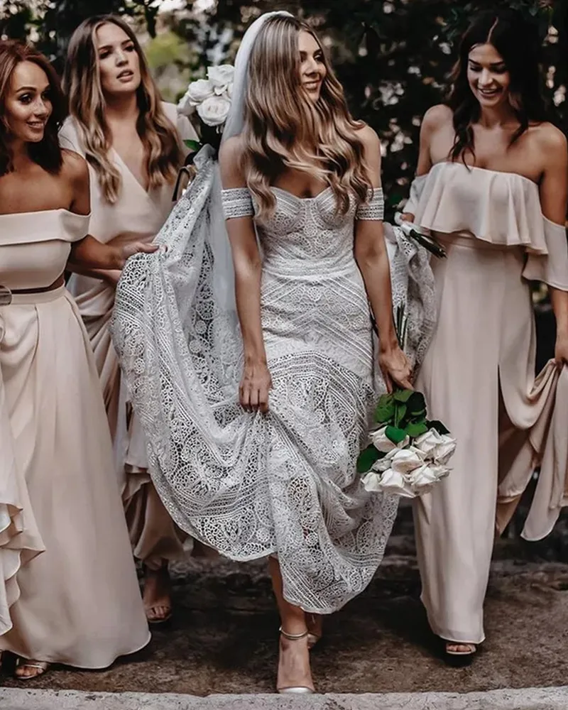 Boho Schatz Meerjungfrau Brautkleid mit abnehmbaren Ärmeln sexy rücken freie Brautkleid Spitze Applikationen fegen Zug Robe de Mariée