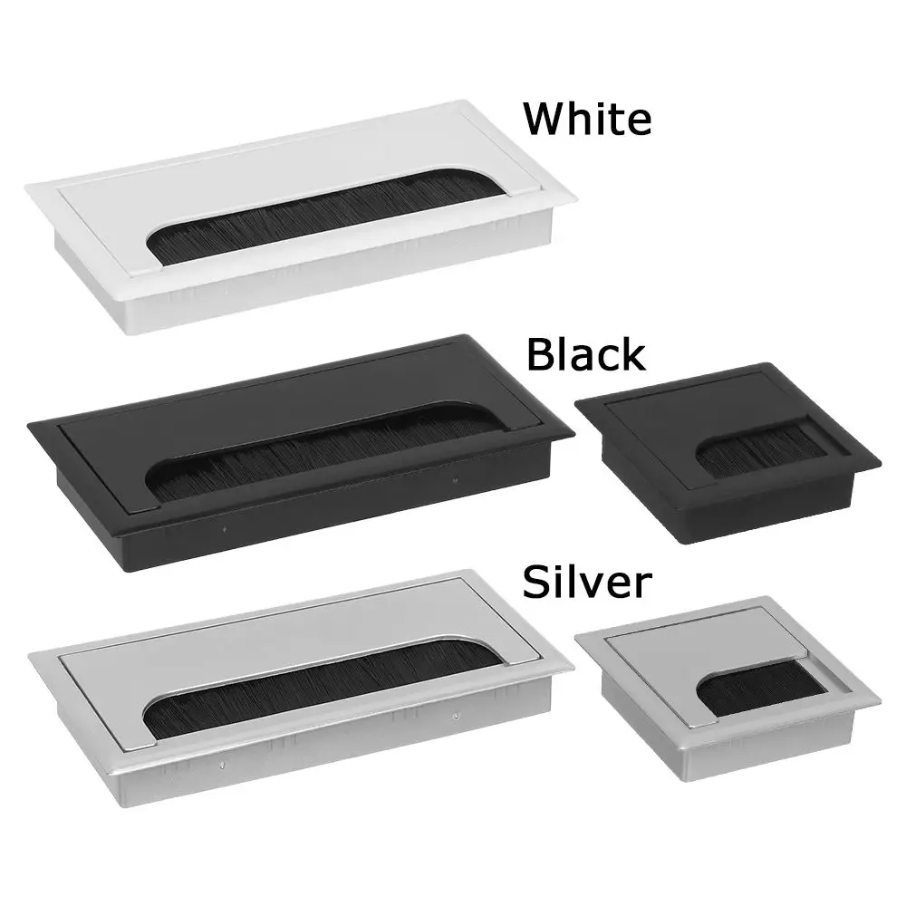 80x80/80x160mm Plastic Rectangle Wire Cable Holder Grommet Hole Cover Outlet Port with Black Brush Computer Desktop Wire Box