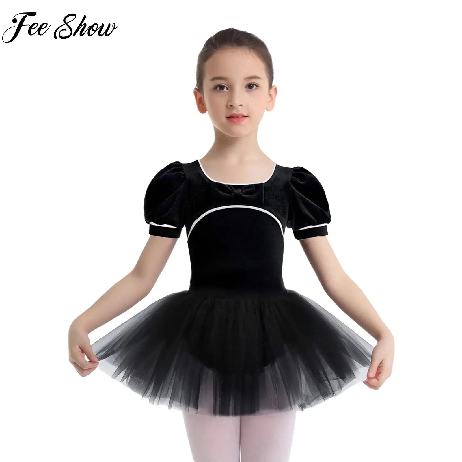 

Kids Girls Gymnastics Ballet Dance Tutu Dress Elegant Bow Velvet Tulle Dresses Dance Classs Competition Performance Costume
