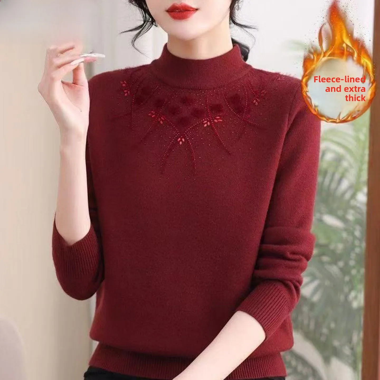 

Red Fce Lined Thiened Knitted Sweater Base Layer irt for Middle-Aged And ly Women Faionable Warm Winter Faion