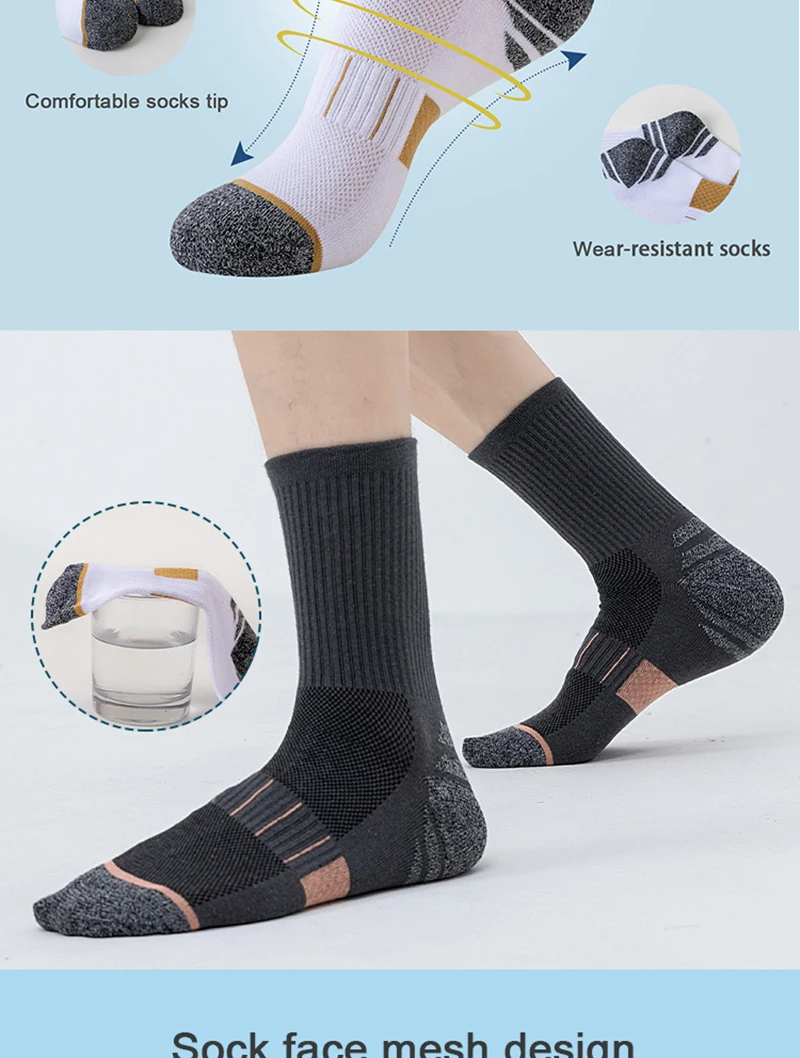 5 Paar Herbst-Herrensocken aus Baumwolle, mittellang, hohe Elastizität, atmungsaktives Mesh, dickes Frottee, schweißableitende Sportsocken – Detail 4