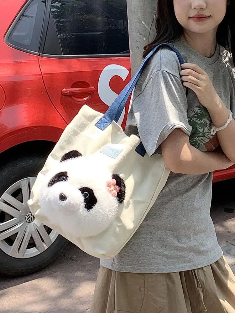 Panda Shoulder Bag Fashion Canvas Large Capacity Simple Tote Student Class Commuter Crossbody Bag Trend Personality All-match