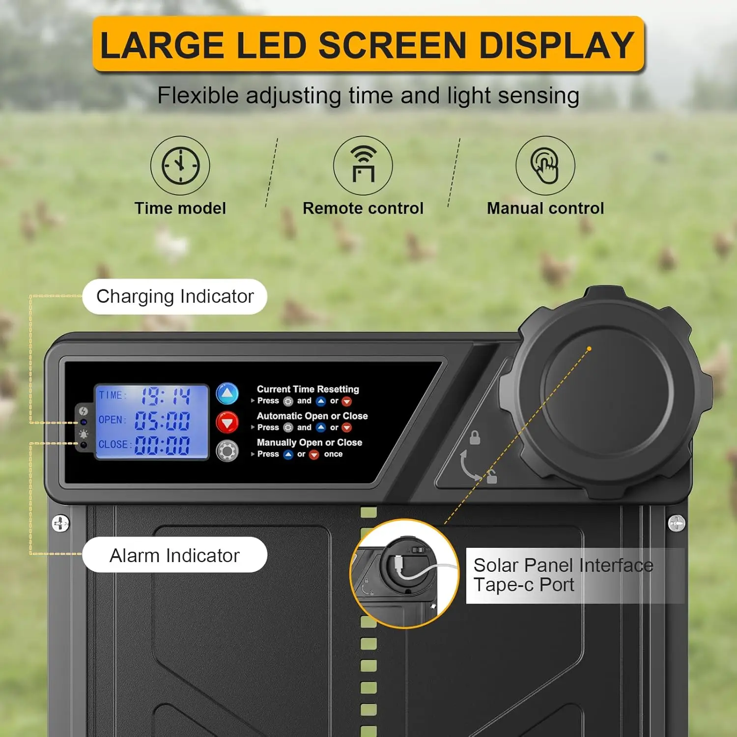 ソーラー自動鶏小屋ドア、自動感知センサー搭載、大型鶏小屋ドア、簡単設置