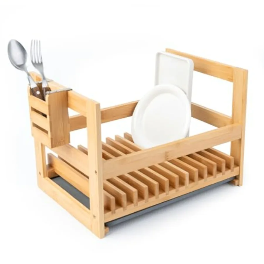 

Bamboo Dish Drying Rack with Utensil Holder and Stone Dish Drying Mat Wooden Kitchen Organizer in Natural Color Functional Dish