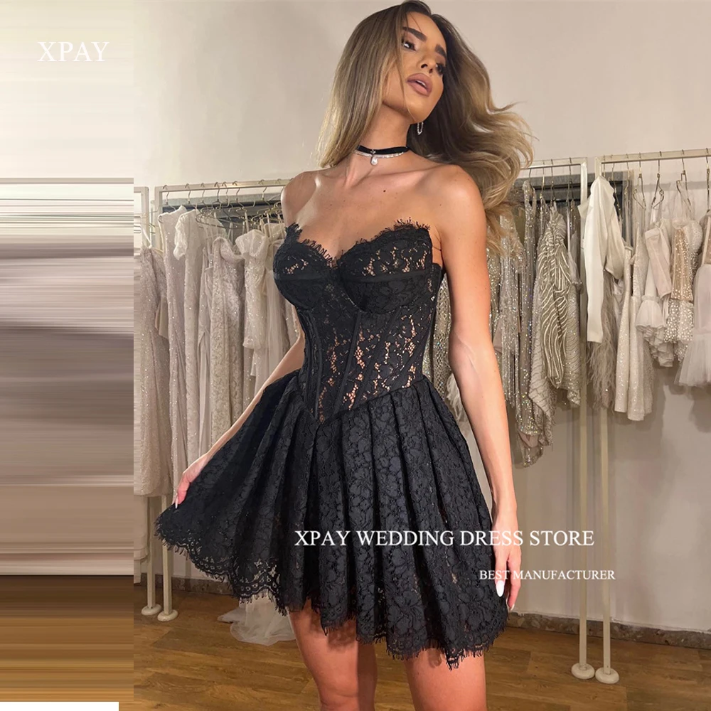 XPAY Sexy Black Full Lace Short Mini Sexy Prom Party Dresses Sweetheart Boning Fitted Cocktail Dress Night Event Gowns Women