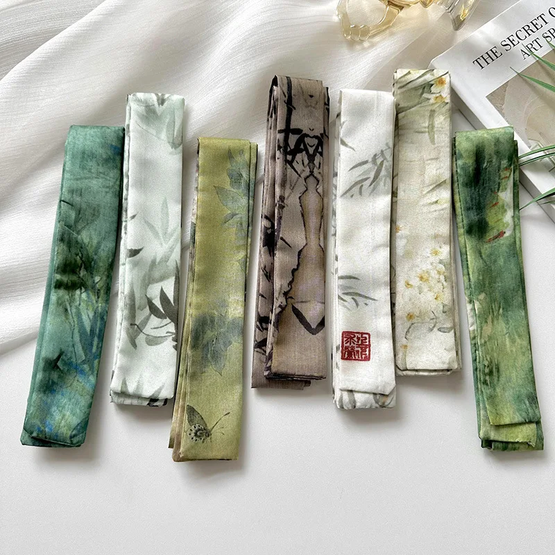 Silk Scarf Chinese Painting Pattern Narrow Long Hanfu Hair Tie Belt Decor Versatile Lightweight Gift Box Ribbon Women