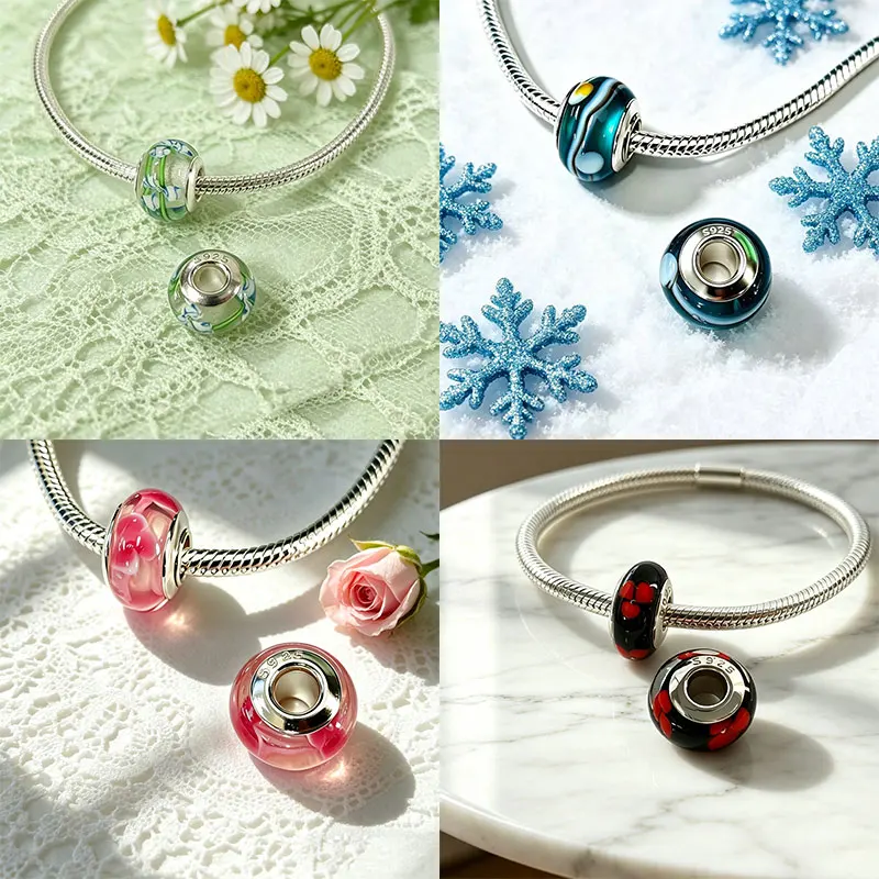 Original S925 Silver Core Floral Dot Striped Glitter Charms Murano Glass Beads Fit Bracelets Bag Keychain DIY Jewelry Making