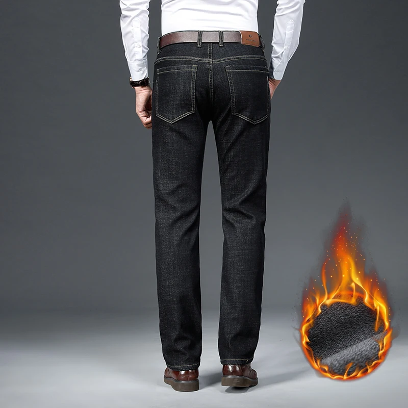 クラシックスタイルメンズ冬フリースジーンズルーズストレートレッグパンツ男性厚手ビジネスカジュアルファッションメンズストレッチパンツ