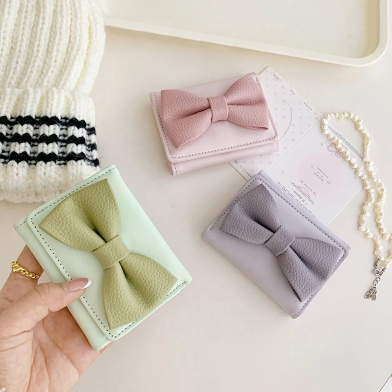 

E8FB Trifold Wallet Stylish Short Wallet PU Leather Change Purse Sweet Bows Card Case