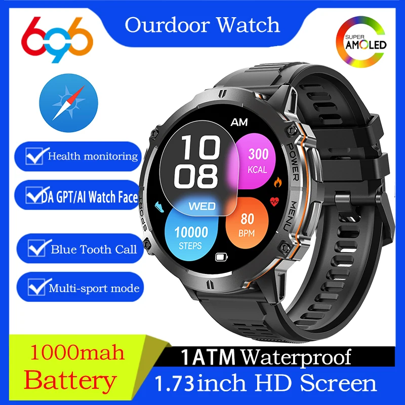 

Outdoor Smartwatch For Men 1.73" AMOLED Screen Health Smart Watch 1ATM Waterproof 1000mAh Large Battery Sports Watches Compass