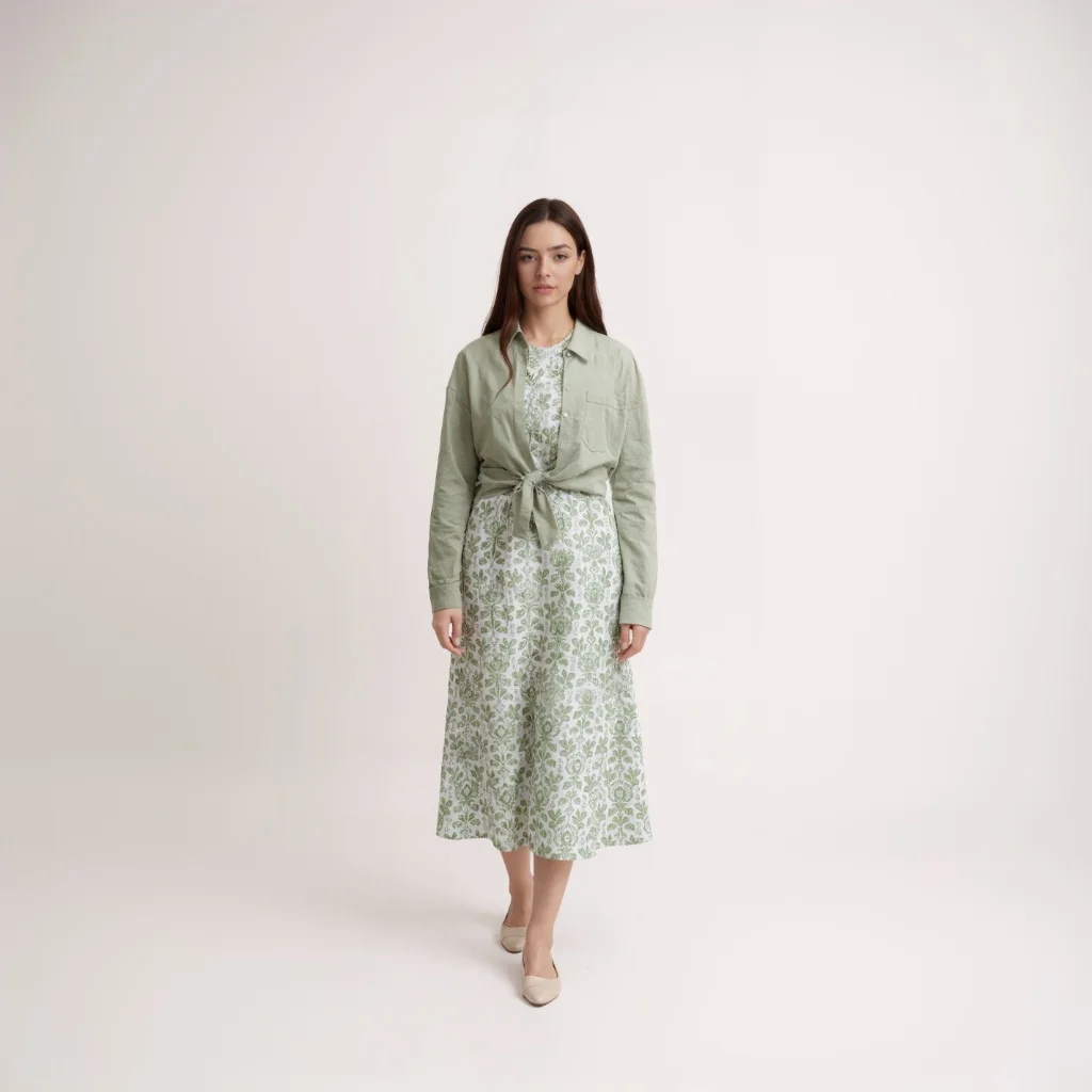 Herbst-Set für Damen, Baumwoll-Leinen-Hemd und Kleid, modischer Druck mit Tasche, hochwertige Kleiderkollektion, elegantes 2-teiliges Set für Damen – Detail 6