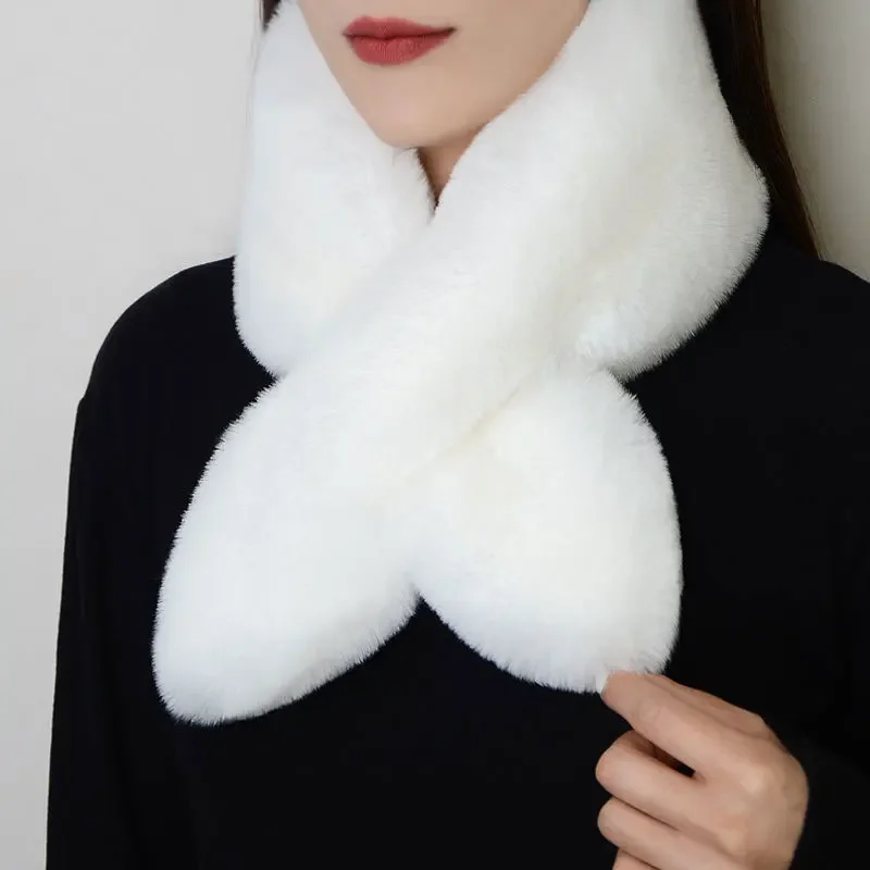 Thickened Warm Rabbit Fur Scarf Winter Plush Cross Scarf for Women Multifunctional Neck Protection Collar Fluffy Faux Fur Scarf