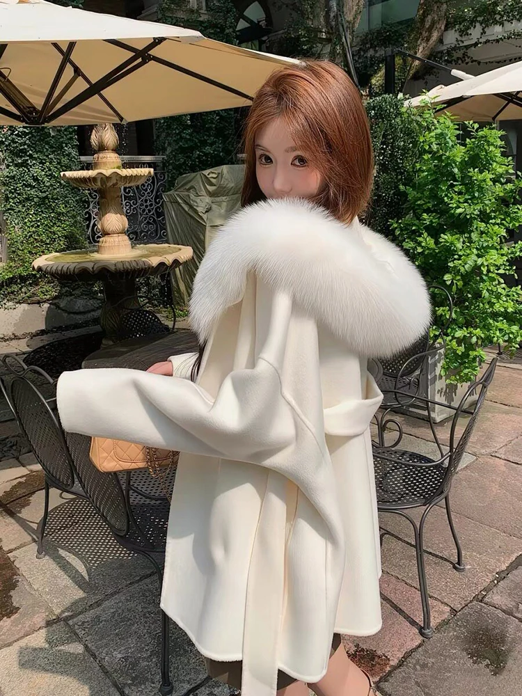 

Autumn Winter Natural Fur Collar Knit Cardigan Coat Women Long Sleeves Loose Lace Up Knitted Jacket Female Hooded Sweater Jacket