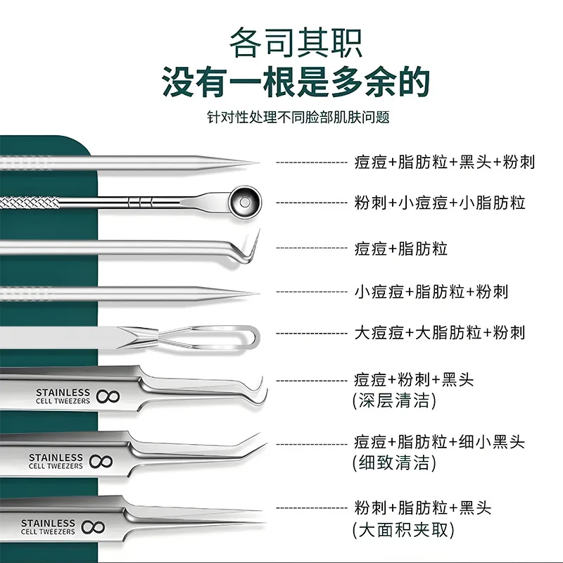 9pcs Stainless Steel Blackhead Removal Tool Set Blackhead Clip Tweezer Beauty Facial Blackhead Remover Acne Needle Tool Skincare