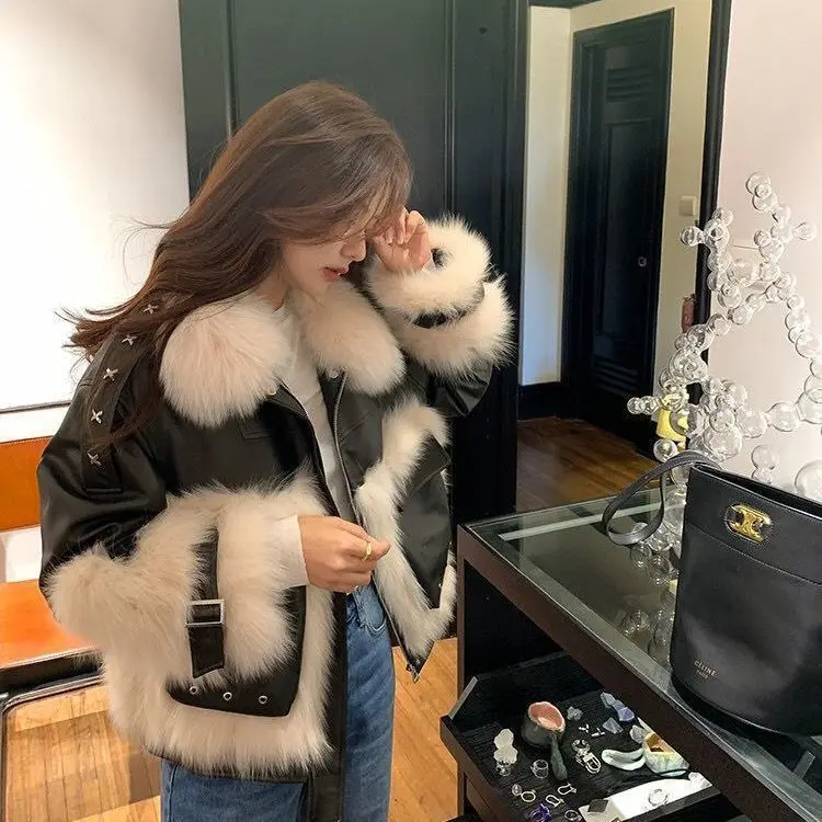 Fashion Faux Fur Splice PU Leather Jacket Women New Autumn Winter High Street Oversize Long Sleeve Zipper Outwear s739