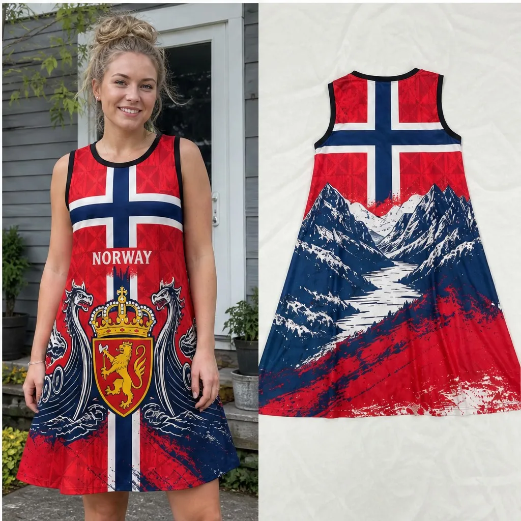 

Women Sleeveless Loose Dress Norway Cross Crest Mountain Print Casual A Line Tank Dress For Travel Daily Comfort Breezy Chic Fit