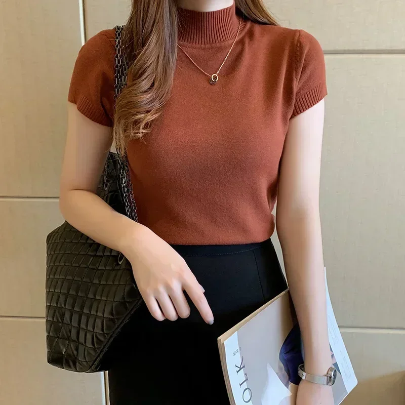 Womens Tops And Blouses Summer Short Sleeve Blouse Women Blusas Mujer De Moda 2024 Turtleneck Knitted Blouse Shirt Tops C931