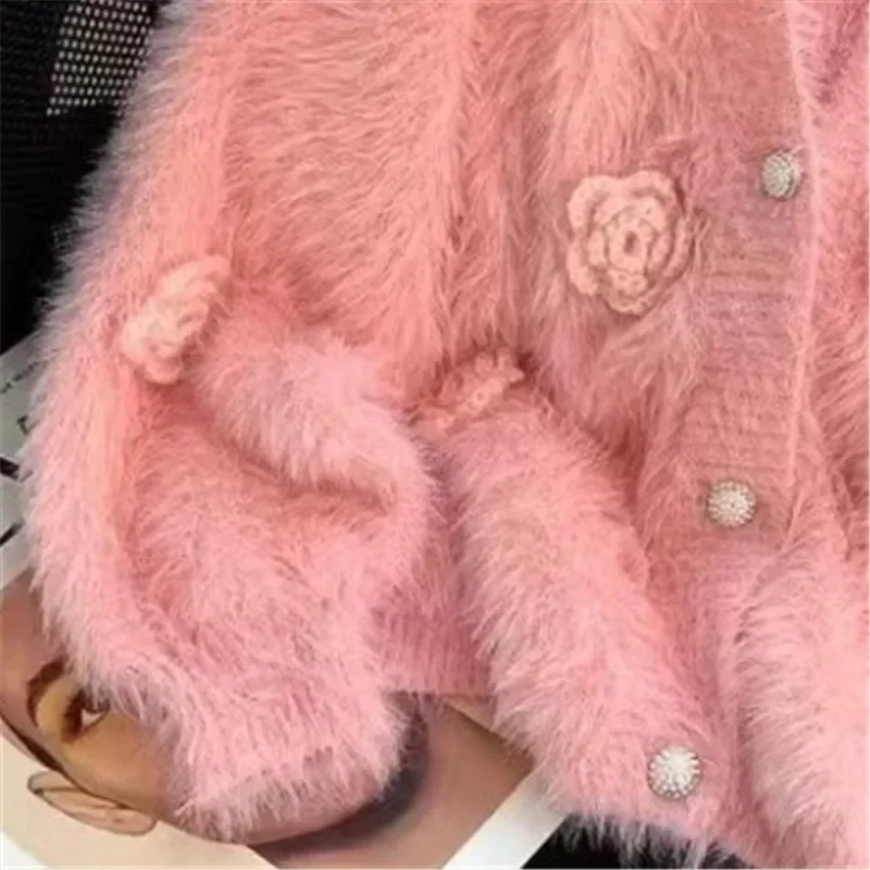 แฟชั่น 3D ดอกไม้ Jacquard ถักเสื้อสเวตเตอร์ถักผู้หญิง Soft Mink เสื้อกันหนาวเพชรปุ่มสตรี Mohair เสื้อถัก