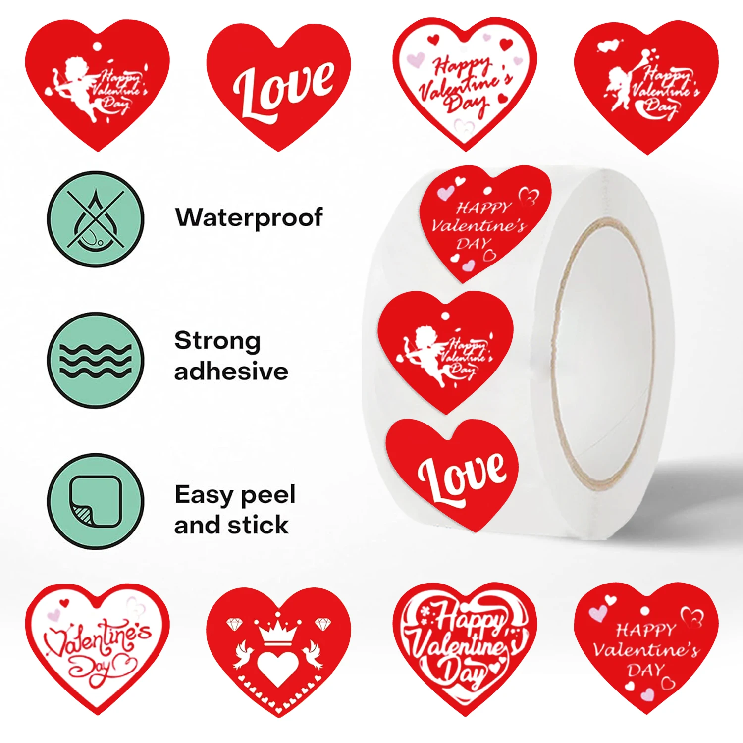 500PCS Happy Valentine's Day Stickers Roll Cute Love Heart Pattern Stickers Gift Wrapping Party Card Favors Water Bottle Decals
