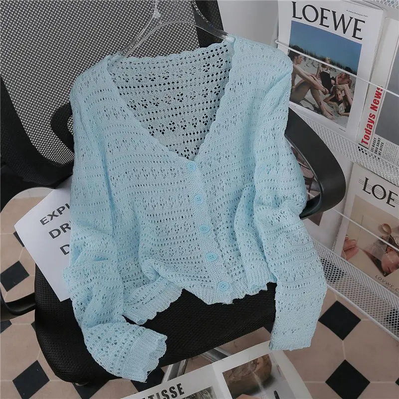 Summer New Thin Coat Knitted Cardigan Women Solid V-neck Patchwork Button Long Sleeve Short Hollow Out Sunscreen Shawl Thin Top