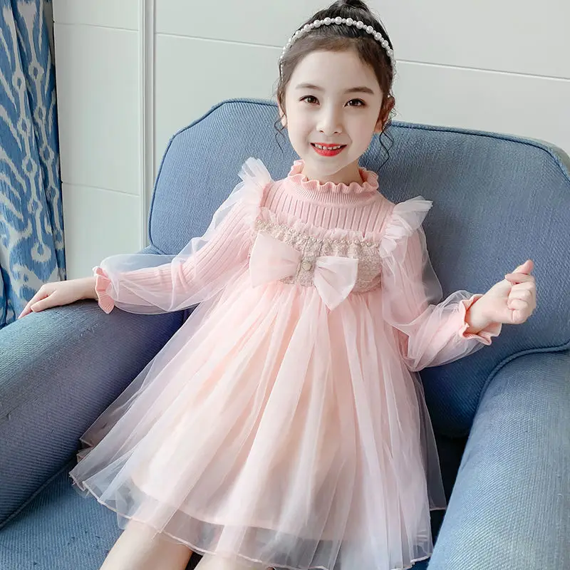 

Girls Spring and Autumn Mesh Princess Dress2025New Knitted Gauze Dress for Elegant Little Girls with Flared Hem