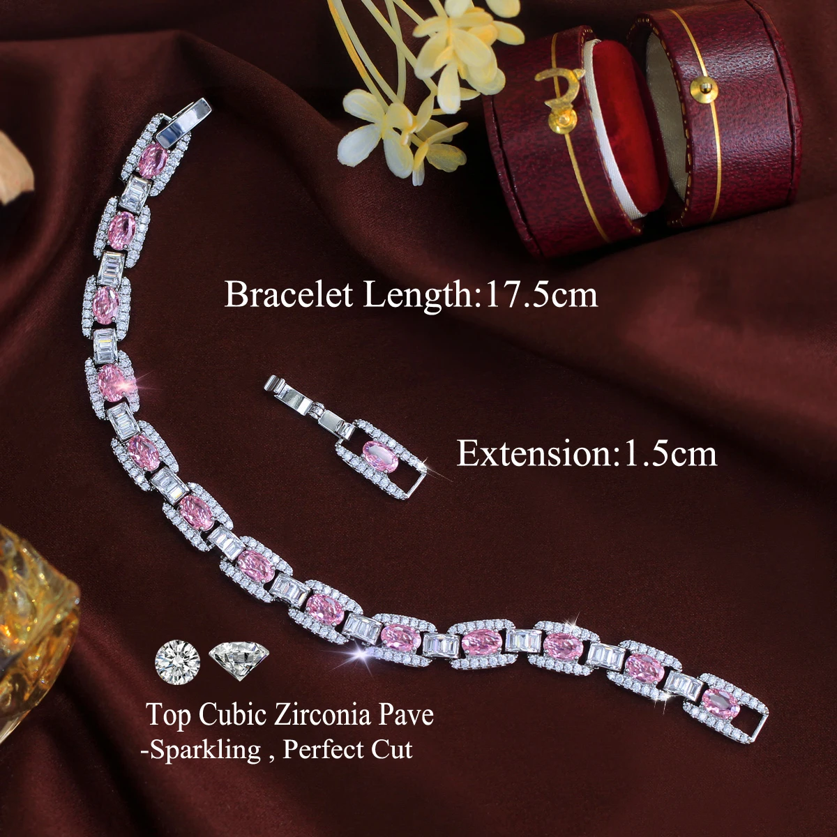 CWWZircons High Quality Pink Cubic Zirconia Chic Luxury Cuban Chain Link Bracelets for Women CZ Party Engagement Jewellery S0213