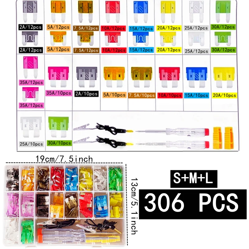 50-306 Stück Auto-Sicherungs-Kombinationsset, Mini, Klein, Mittelgroß, Flachsicherungen für Marine, Automobil, 2A 3A 5A 10A 15A 20A 25A 30A 35A