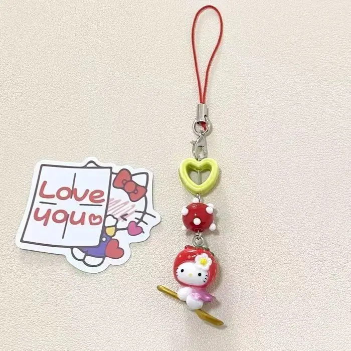 Sanrio Hello Kitty Phone Chain Kawaii Strawberry Head  Girl INS Style Beaded Pendant Cute Cartoon Backpack Decorative Gifts