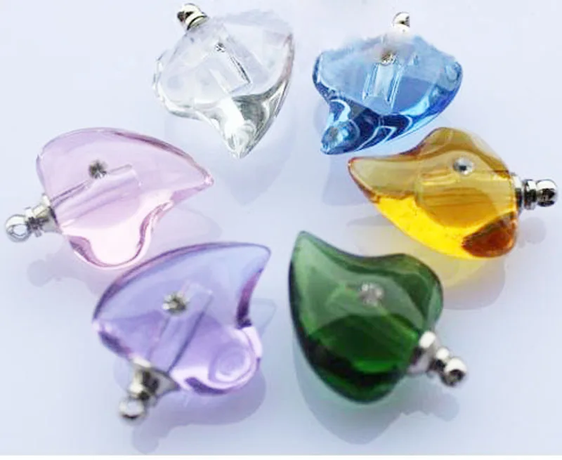 NEW  !  100pcs mixed color bend heart Crystal Perfume  vial pendant   with zircon fit necklace