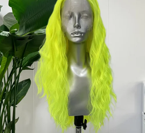 Fluorescent Green Long Wave Synthetic Lace Frontal Wigs For Women Natural Wave Lace Hair Fren Part Cosplay Green Wigs Party