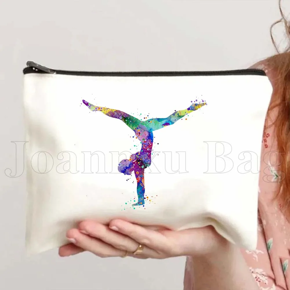 Gymnastics Girl Silhouette Handstand Tumbling Colorful Watercolor Cute Gifts Canvas Cosmetic Makeup Travel Bag Pencil Case Pouch