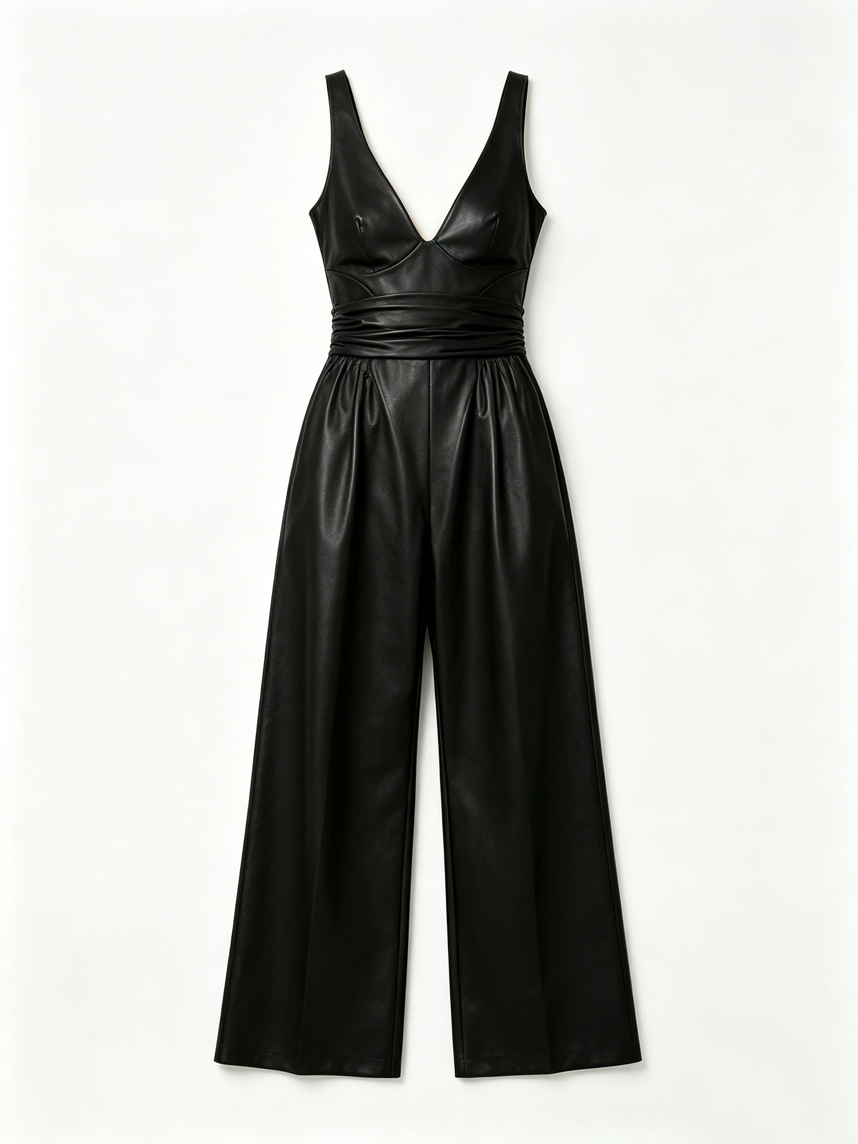 Luxury Black Faux Leather Sleeveless Jumpsuit with Deep V-Neck and Corset Waist