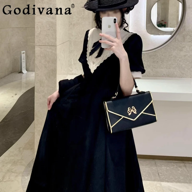 الفتيات لوليتا قرصة الخصر فستان القوطية نمط ثقافة فرعية أسود داكن فستان المرأة الربيع الصيف ألف خط القوس طوق فستان طويل