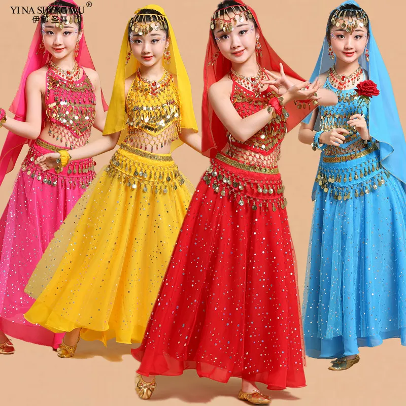 Kid Belly Dance Costumes Set Chiffon Girl Indian Dance Stage Performance Clothing Sequin Skirt for Child/Adult Indian 4 Colors