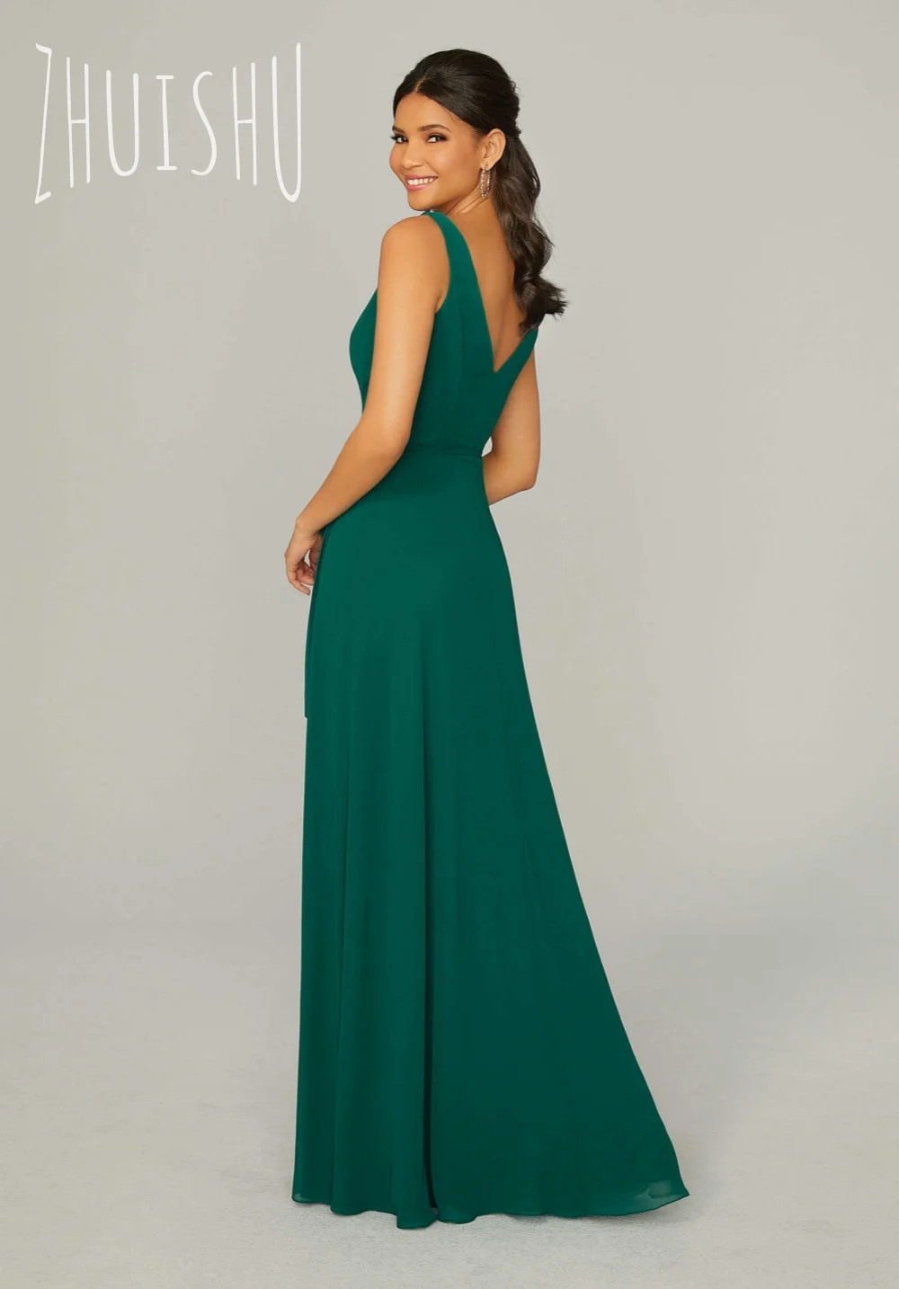 ZHUISHU Sexy V-Neck Bridesmaid Dress Sleeveless Backless Evening Gown Chiffon Zipper Side Slit Guest Party Dress Customized