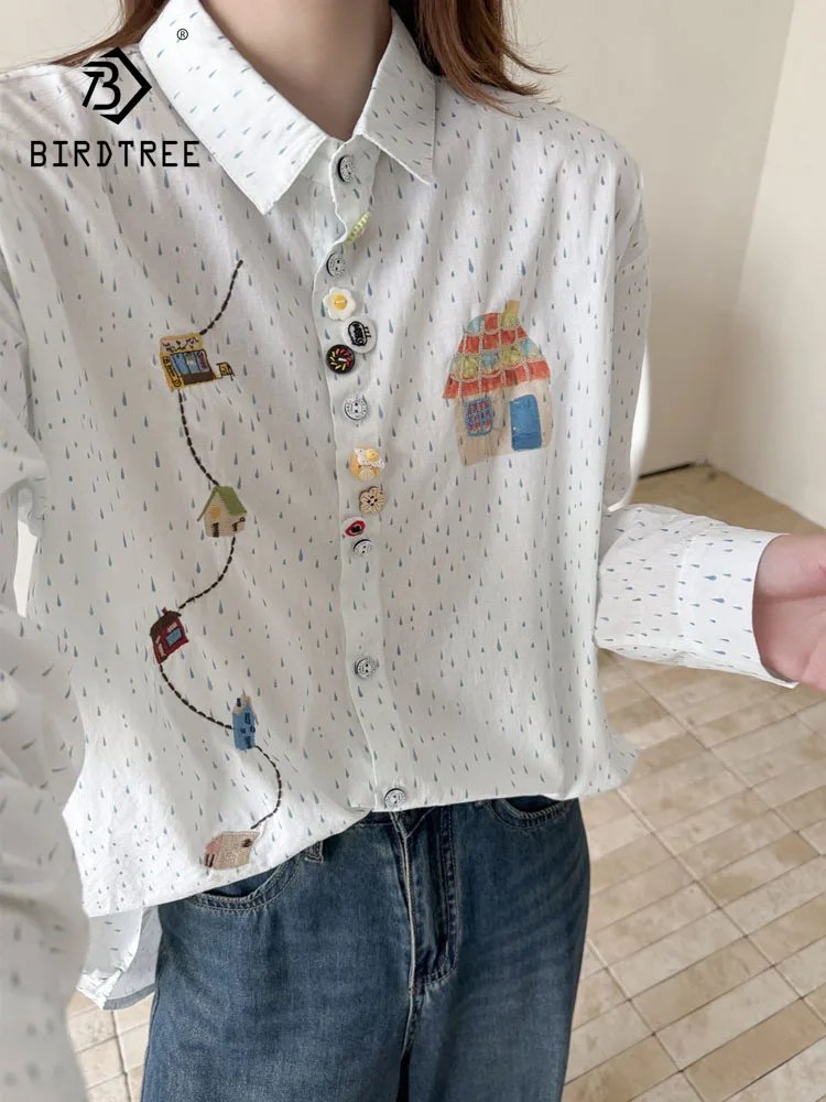 New 2026 Autumn Women Cotton Long Sleeve Shirt, Lapel Embroidery Cute Buttons, Mori Girl OL Age Reduction Loose Blouse T68650CC