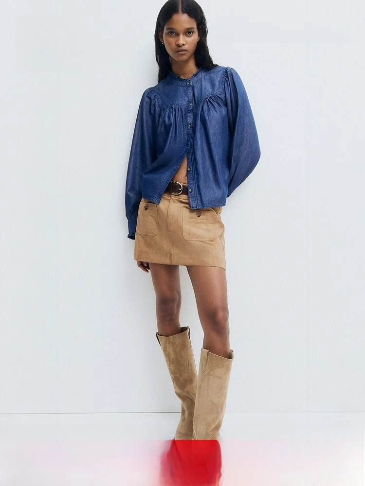 

Fashionable Women's Denim Bubble Sleeve Shirt Ruffle Hem Casual Style Button Detail Cotton Lyocell Blend Long Sleeve Shirt