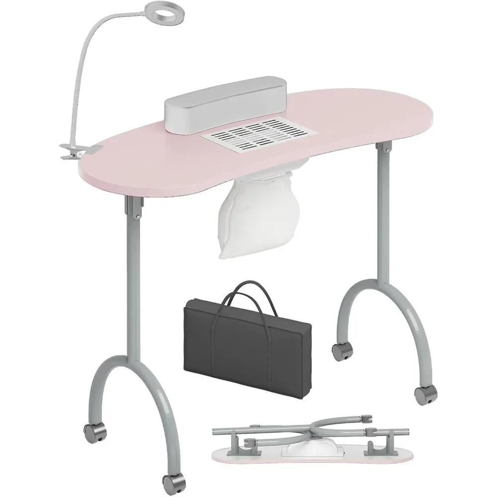 Portable Manicure Nail Table, Foldable Manicure Table with Dust Collector Fan, LED Lamp, 4 Lockable Wheels and Carry Bag