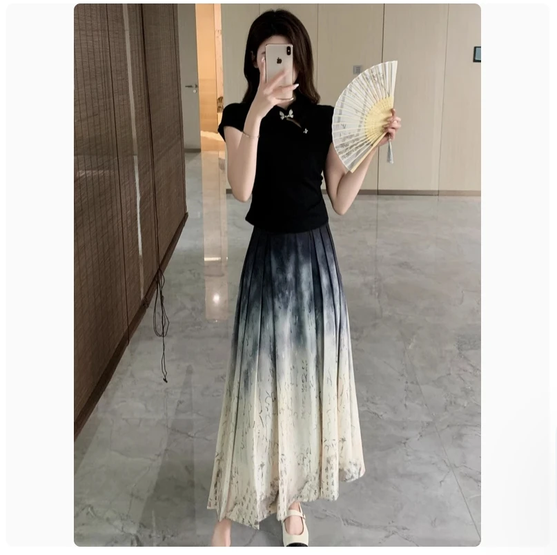 Novo estilo chinês retro moda temperamento, idade reduzindo botão borboleta manga curta pintura a tinta vestido de rosto de cavalo plissado