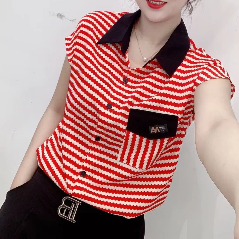 Women\'s Summer Turn-down Collar Flower Stripe Printing Pockets Button Pullover Chiffon Short Sleeve T-shirt Contrast Color Tops