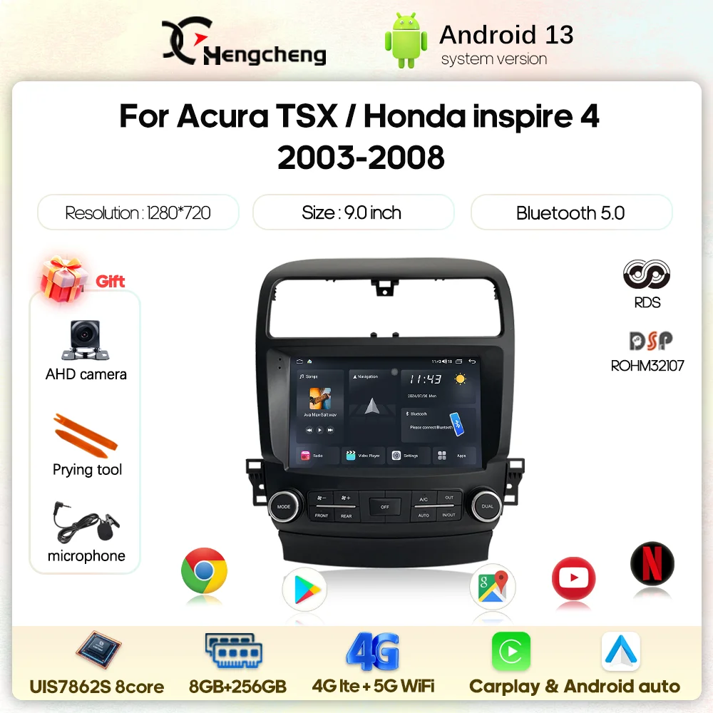 9.0inch For Acura TSX  Honda inspire 4 2003-2008 Car Multimedia Video Player GPS Navigation Radio Android13 Carplay Auto 4G Wifi