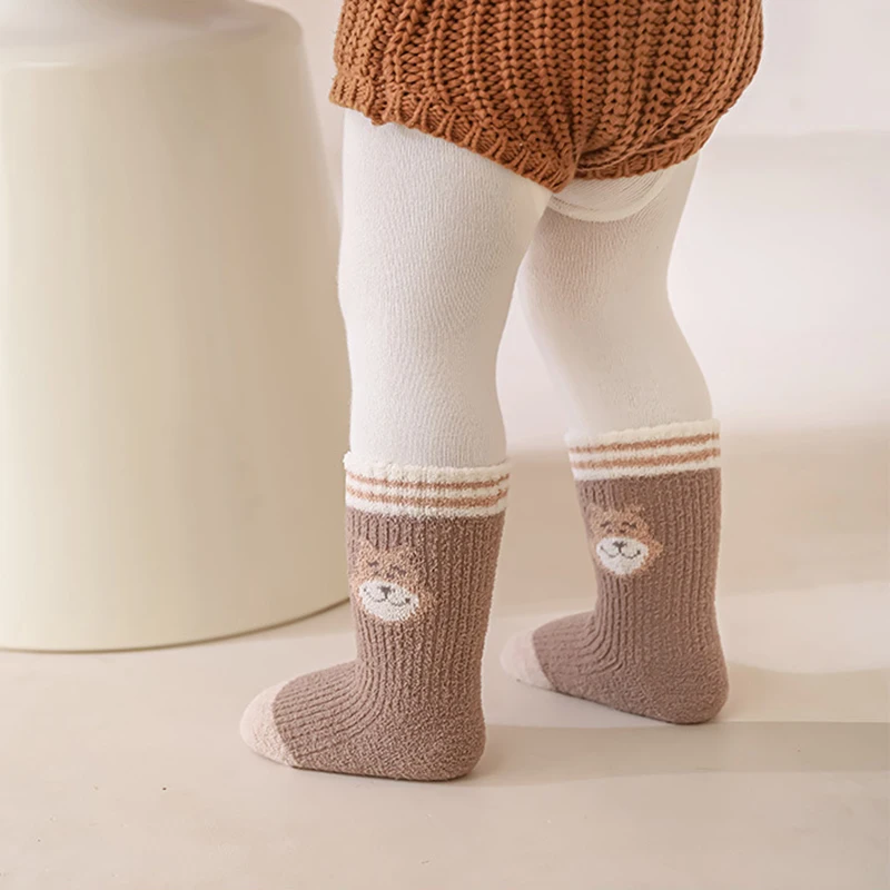 3 Pairs/set Newborn Baby Socks Cute Bear Winter New Fleece Socks For Girl Infant Boy Soft Toddler Thickened Boneless Mid Socks