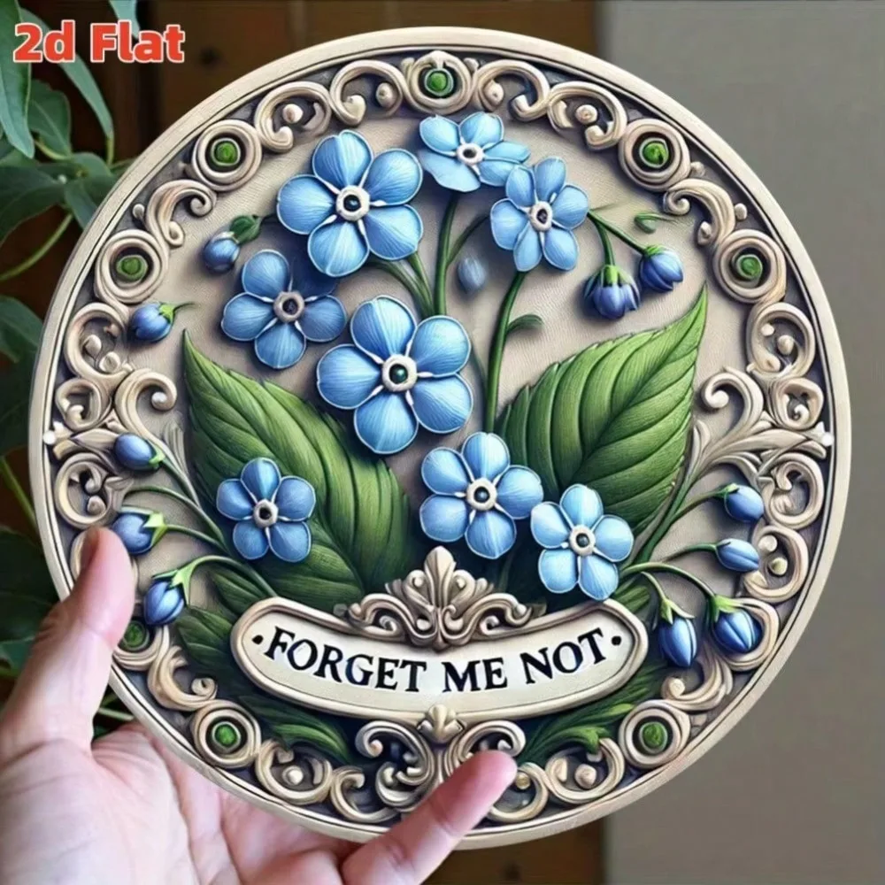 Forget-Me-Wreath French Garden Blue Floral Round Aluminum Sign - Indoor/Outdoor Wall Decor For Home Restaurant Bar Cafe