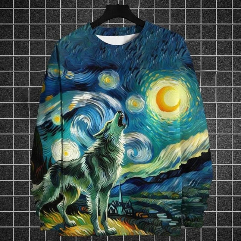 Animal Oil Painting Art Abstract Sweatshirt Men's Clothing Round Neck Pullover Top Streetwear Harajuku Trend Spring Sweatshirts