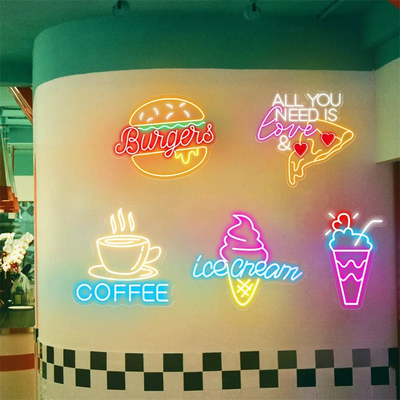 Custom Your Restaurant LED Neon Sign Burger Hamburger Pizza Ice Cream Light  Fast Food Coffee Shop Milkshake Bar Home Wall Decor