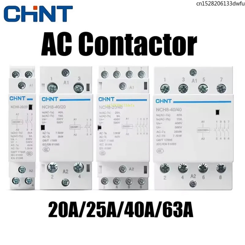 CHINT NCH8 20A 25A 40A 63A 1NO 1NC 2NO 2NC 4NO 2P 4P Din السكك الحديدية المنزلية قواطع التيار المتردد الصغيرة 220V 230V 400V 63/22 63/40 40/22