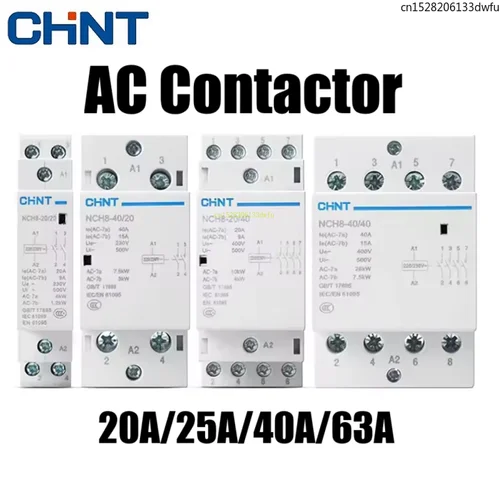 Imagen 1 del producto CHINT NCH8 20A 25A 40A 63A 1NO 1NC 2NO 2NC 4NO 2P 4P Din Rail hogar MIni contactor de CA 220V 230V 400V 63/22 63/40 40/22