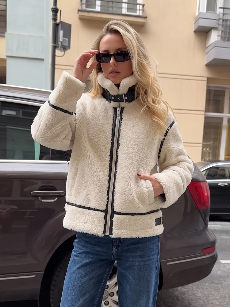 Siren Chic Autumn New Women's Wear European and American Style Casual Fur One Piece Lamb Wool Contrast Color Plush Warm Jacket